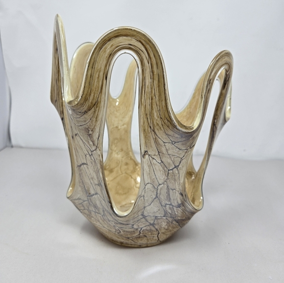 Makora Krosno Vintage Hand Blown Made Swirl Gold & Brown Open Vase Glass Ruffle - Picture 4 of 10